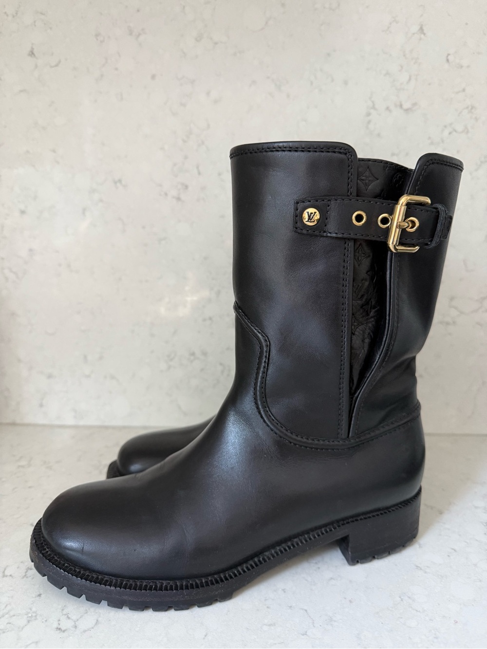 Louis Vuitton Black Leather Mid-Calf Buckle Detail Boots